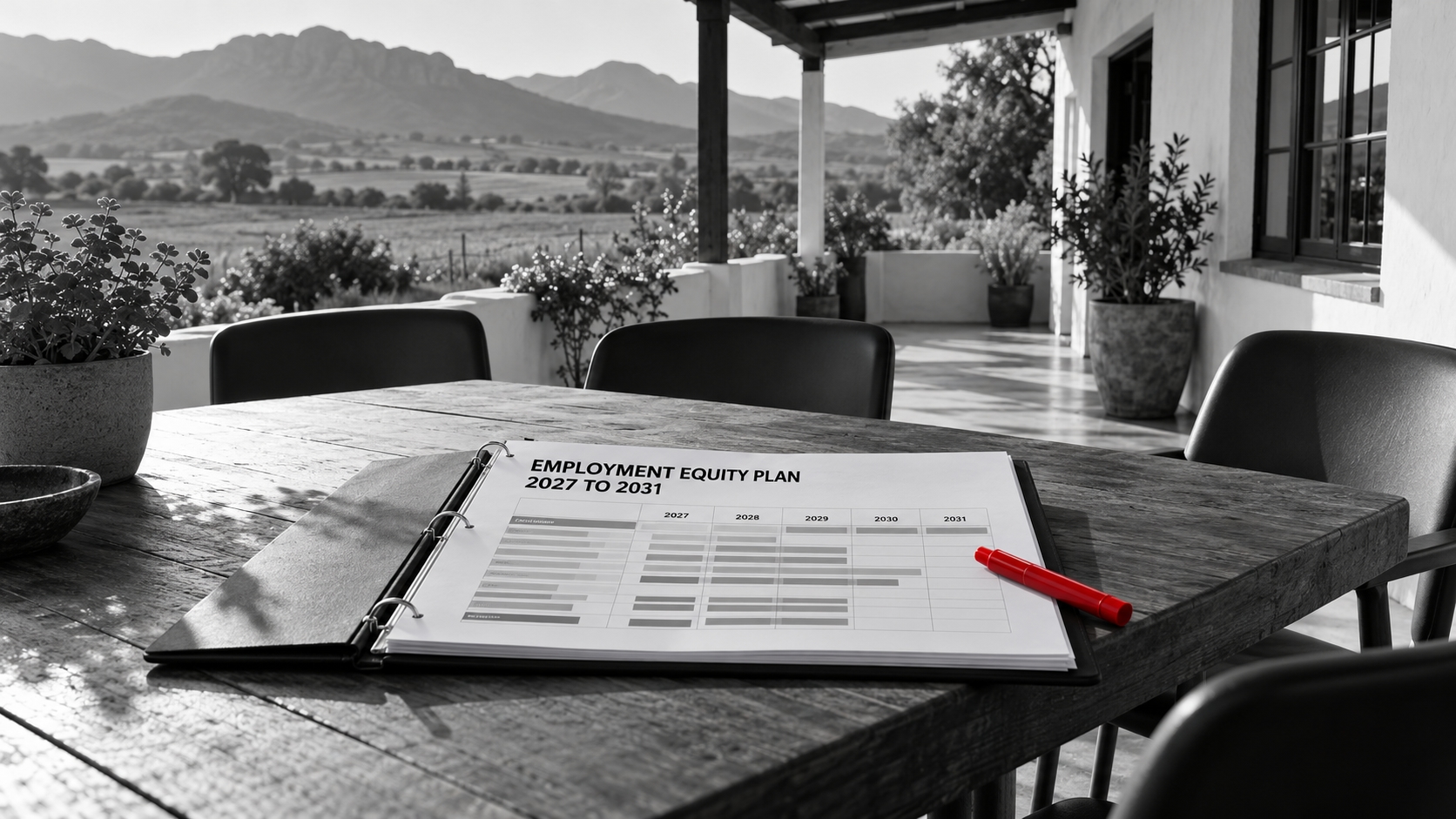 Employment equity plan template South Africa: a printed EEA13 plan with annual goals, on a table in a consultation meeting
