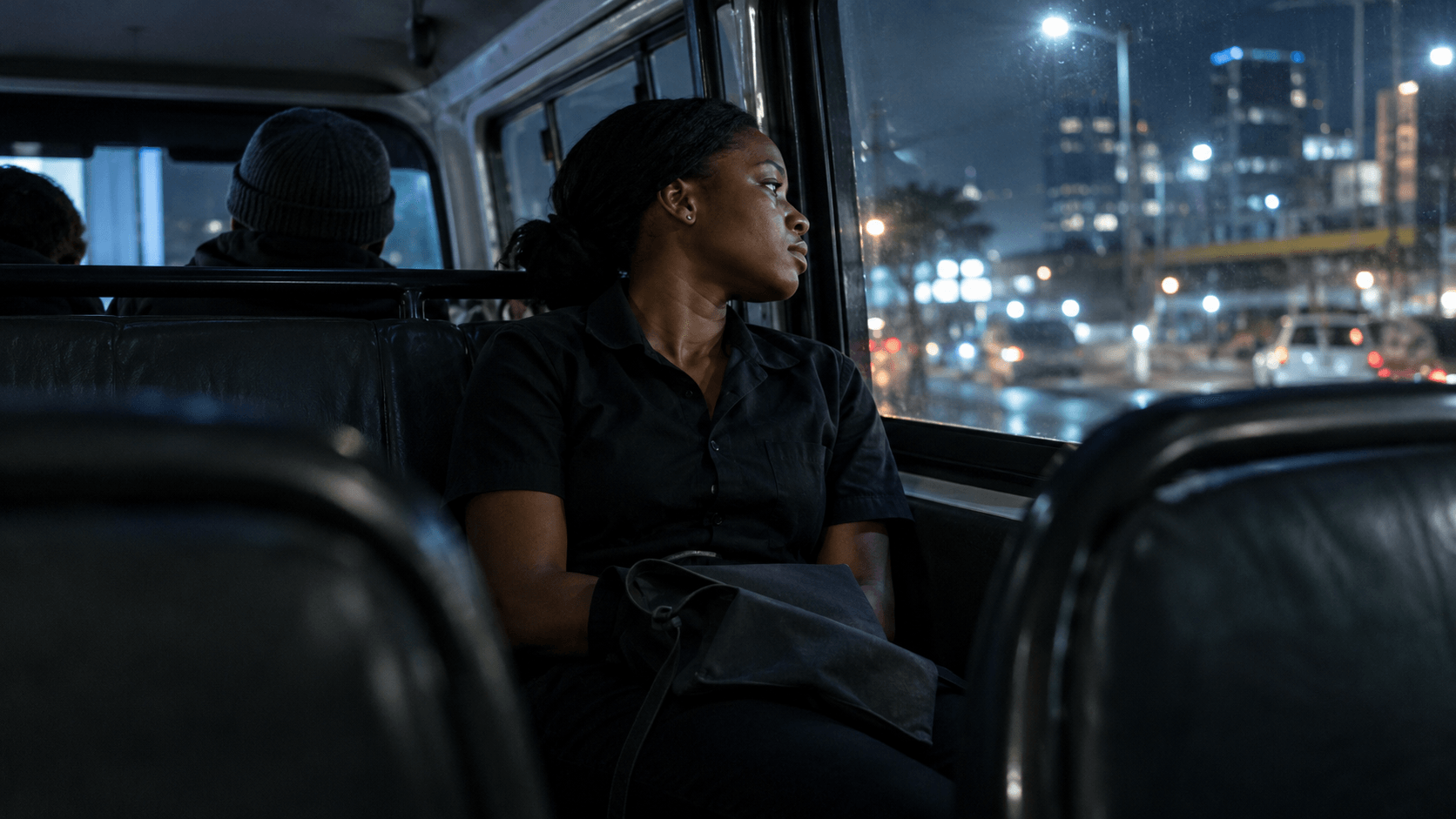 Night shift allowance South Africa: a restaurant worker riding home in a minibus taxi after a late shift