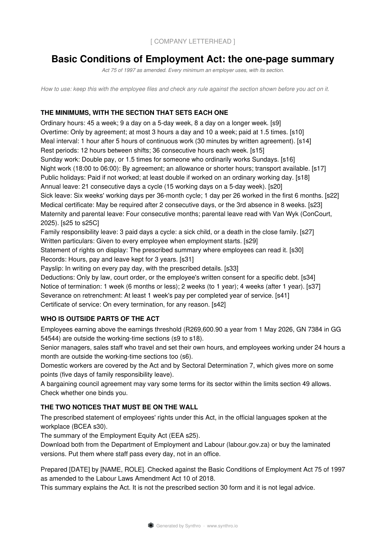 Page one of the bcea summary one page template