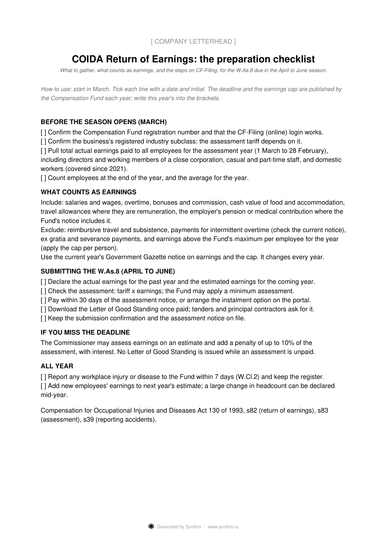 Page one of the coida roe checklist template