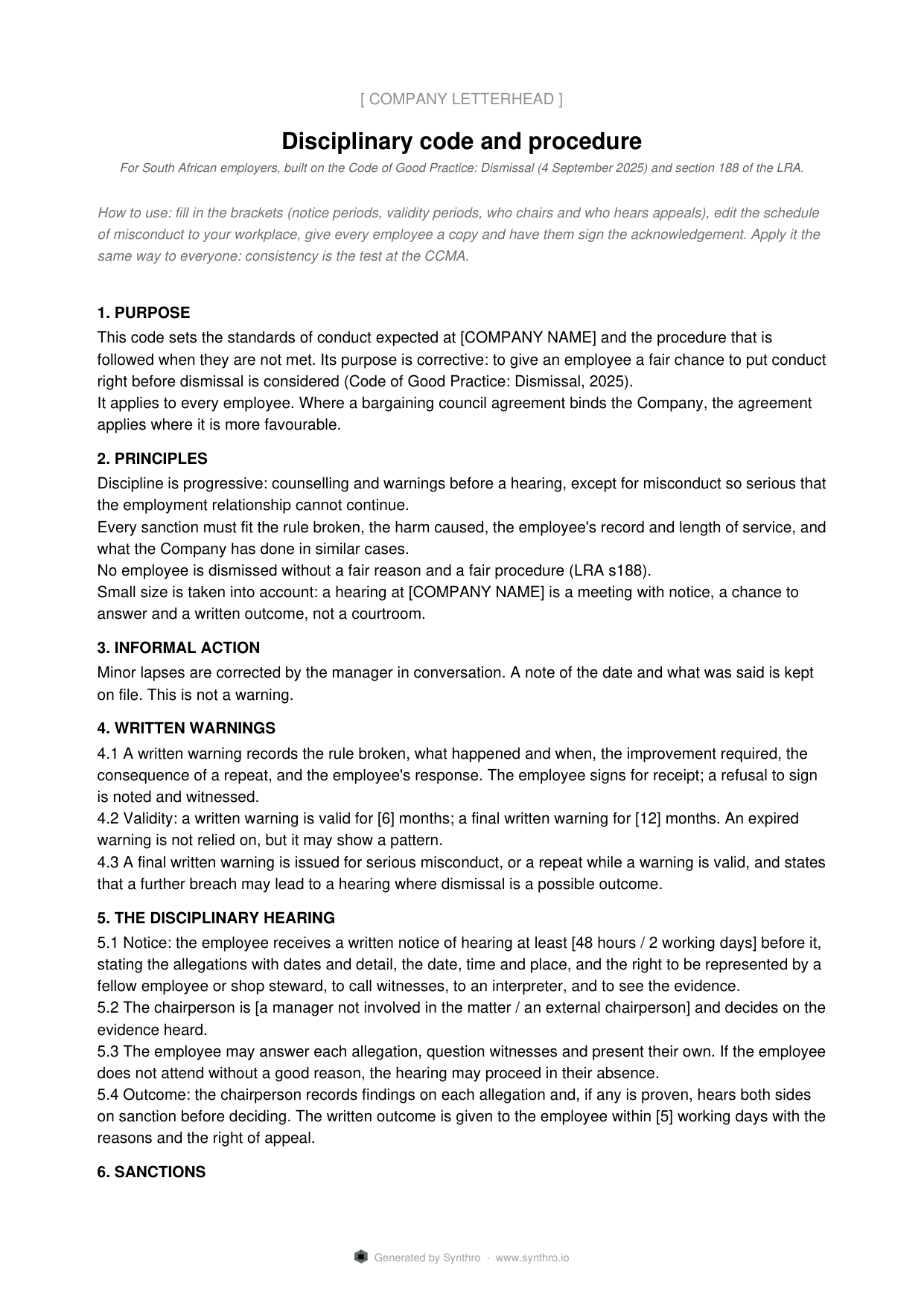 Page one of the disciplinary code template template