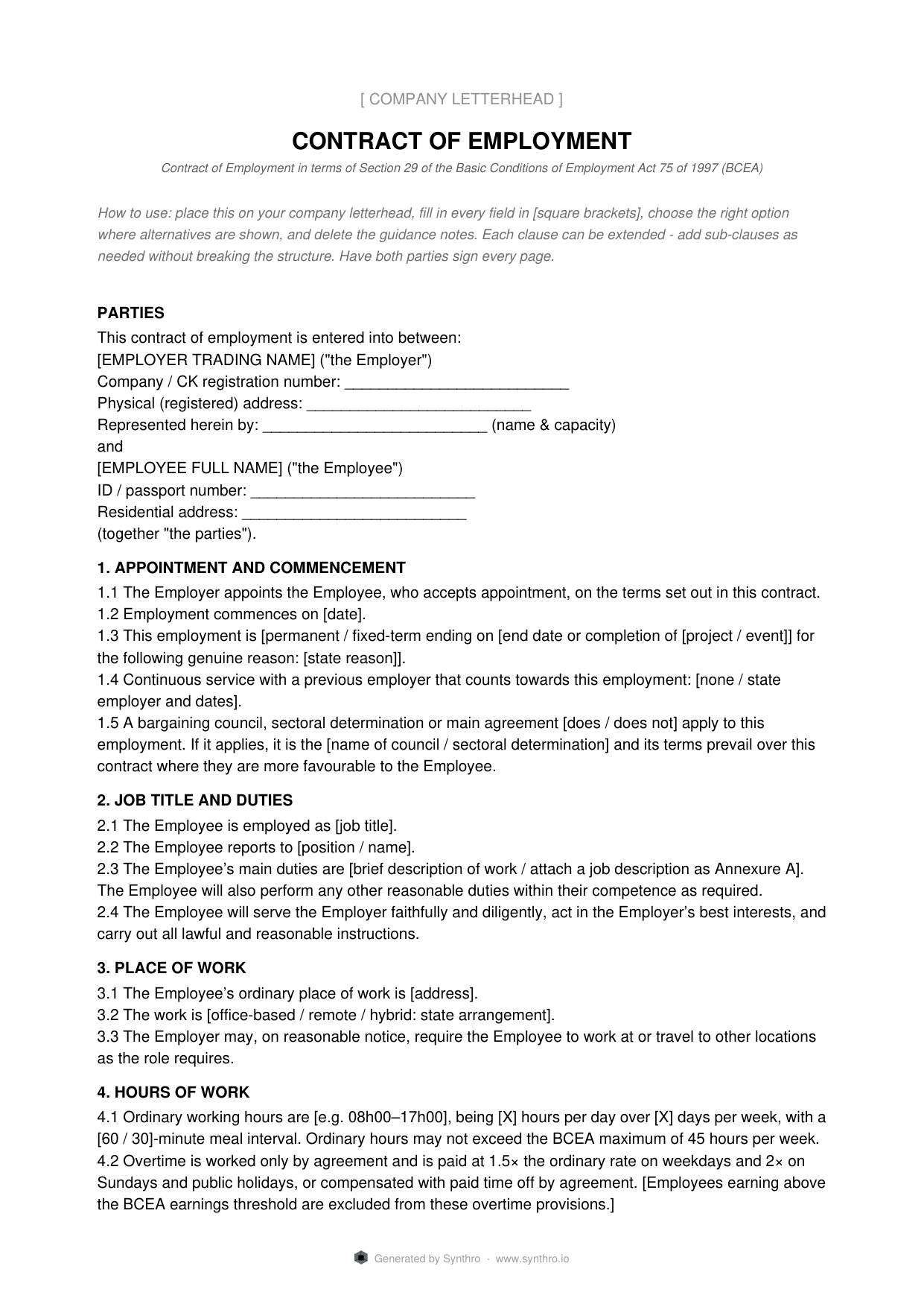 Page one of the employment contract template
