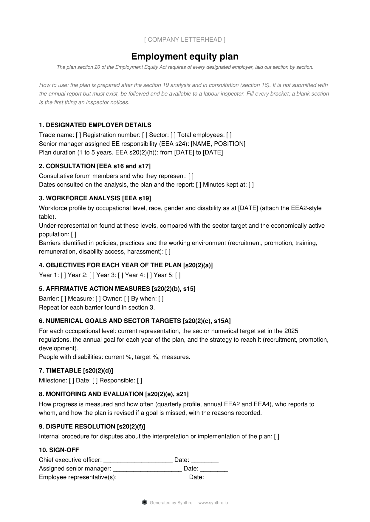 Page one of the employment equity plan template template