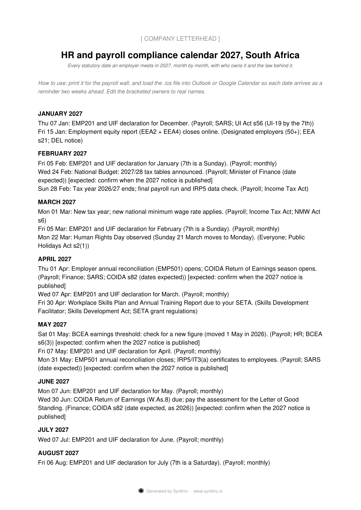 Page one of the hr compliance calendar 2027 template
