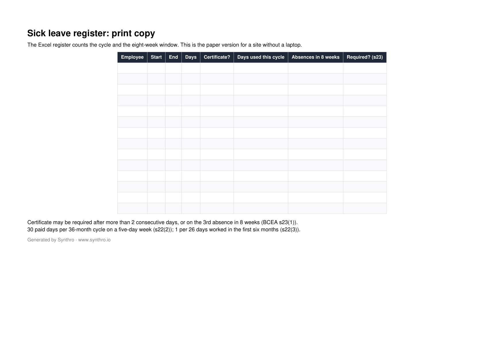Page one of the sick leave register template