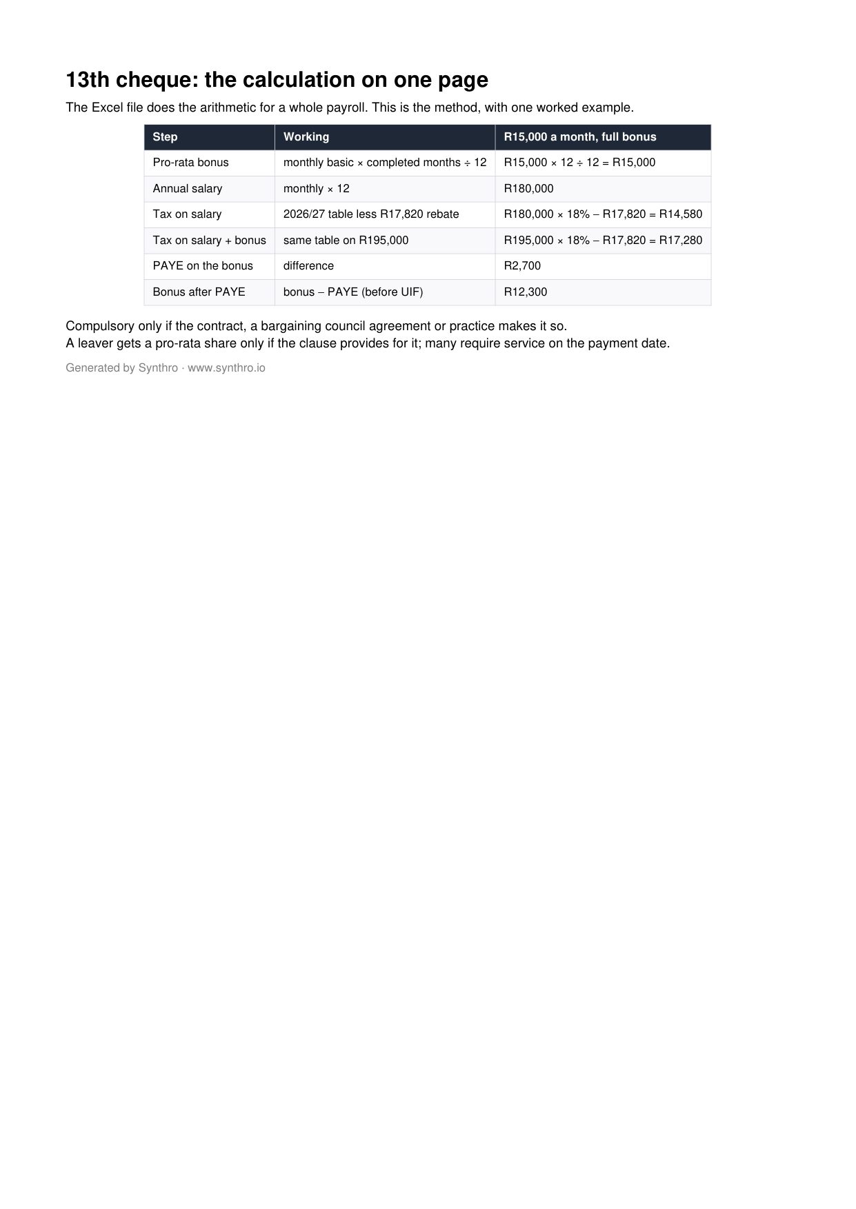 Page one of the thirteenth cheque calculator template