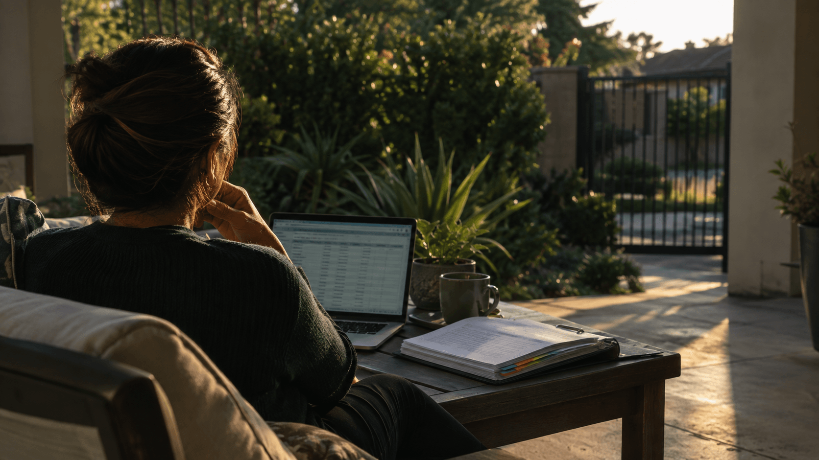An HR manager working through a printed employee file on a South African stoep in late afternoon light