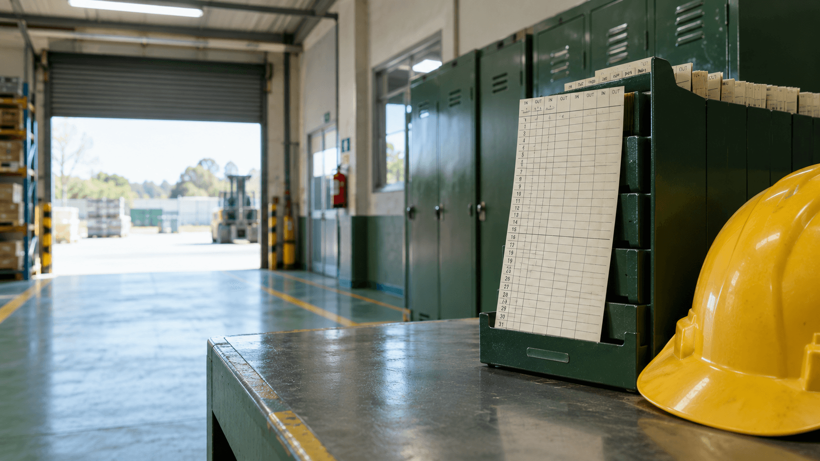 Abscondment letter template South Africa: an unclaimed hard hat and an empty clock-card slot at a warehouse clocking station