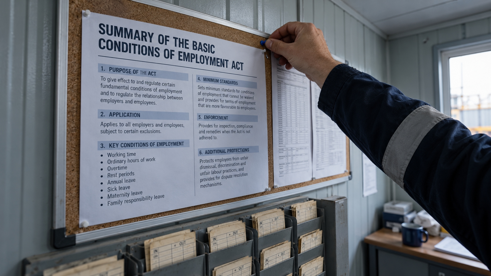 BCEA summary poster South Africa: a hand pinning the statement of employee rights to a site office notice board