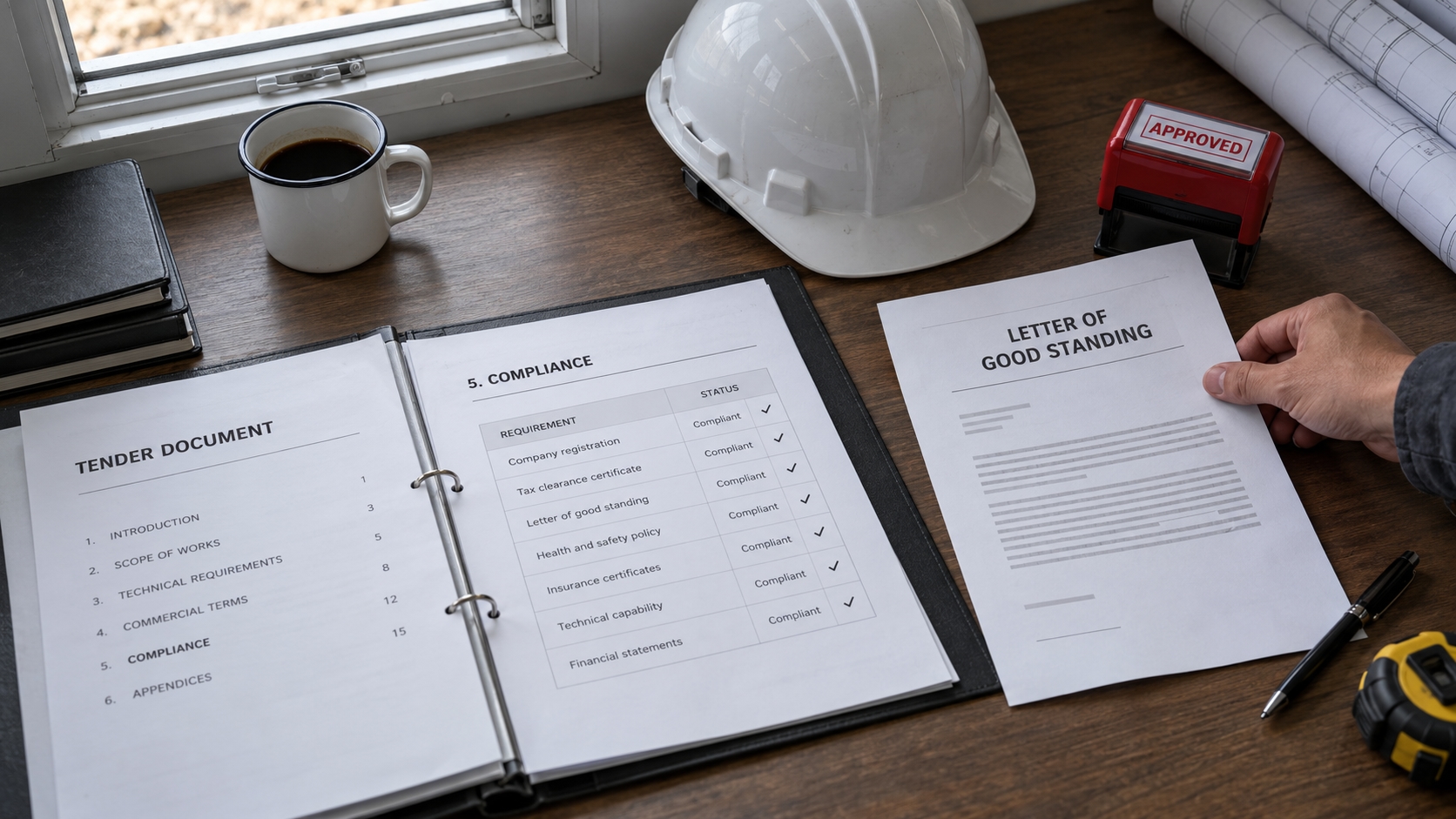 COIDA Return of Earnings South Africa: a Letter of Good Standing pinned beside a site safety board on a construction site