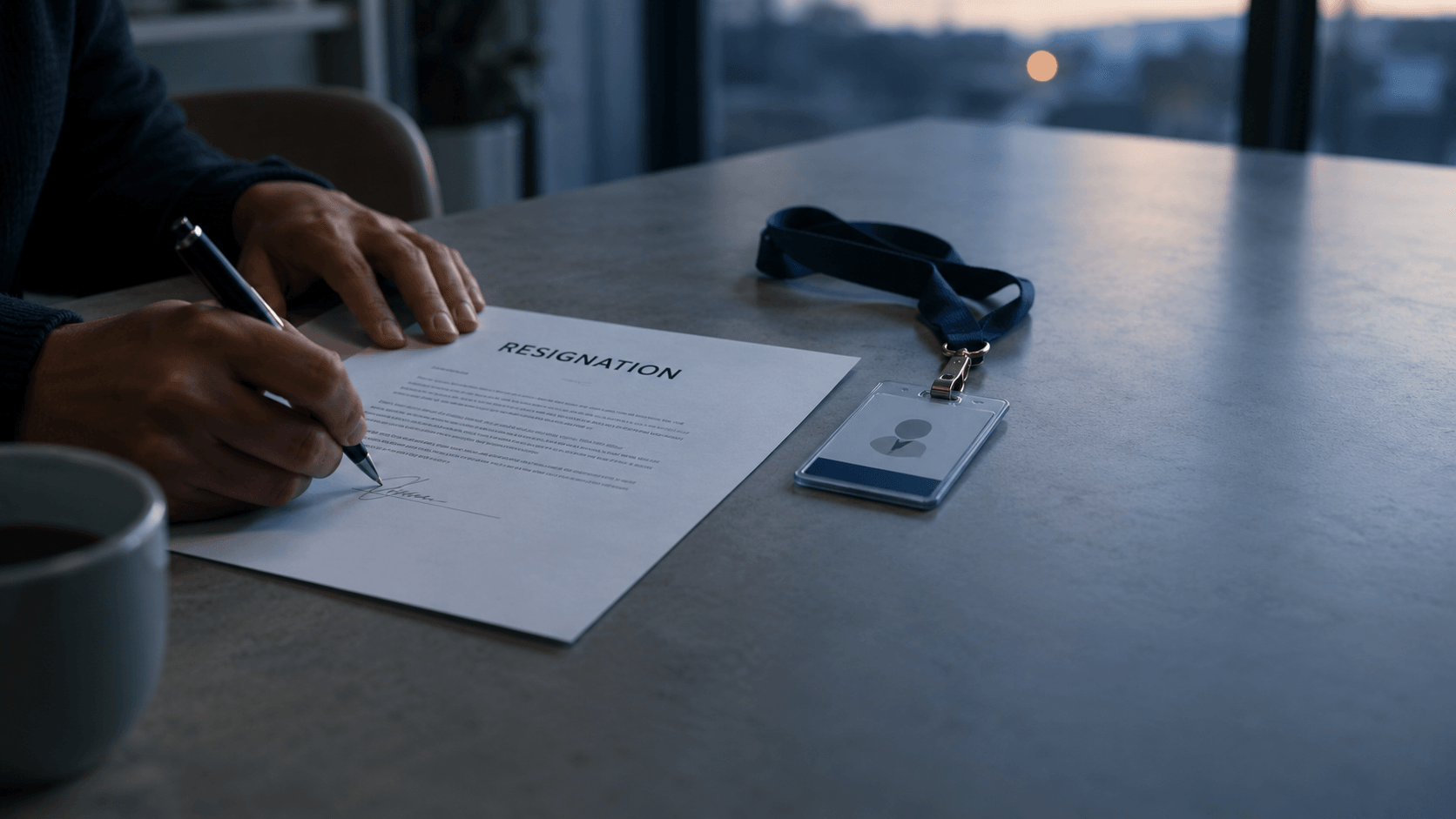 Constructive dismissal South Africa: an employee signing a resignation letter at a kitchen table, a work access card beside it