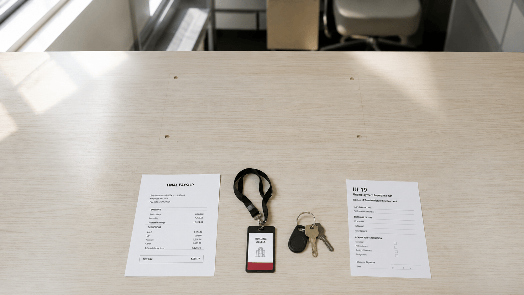 Final pay South Africa: cleared desk with final payslip, access card and UI-19 form on the last day of employment