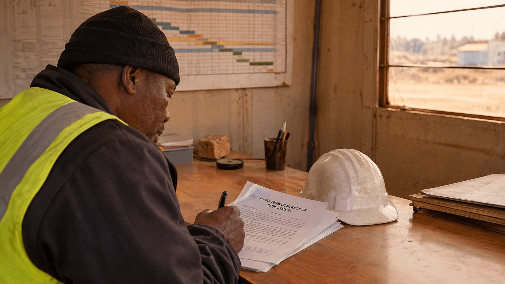 Fixed-term contract of employment template South Africa LRA section 198B being signed in a site office