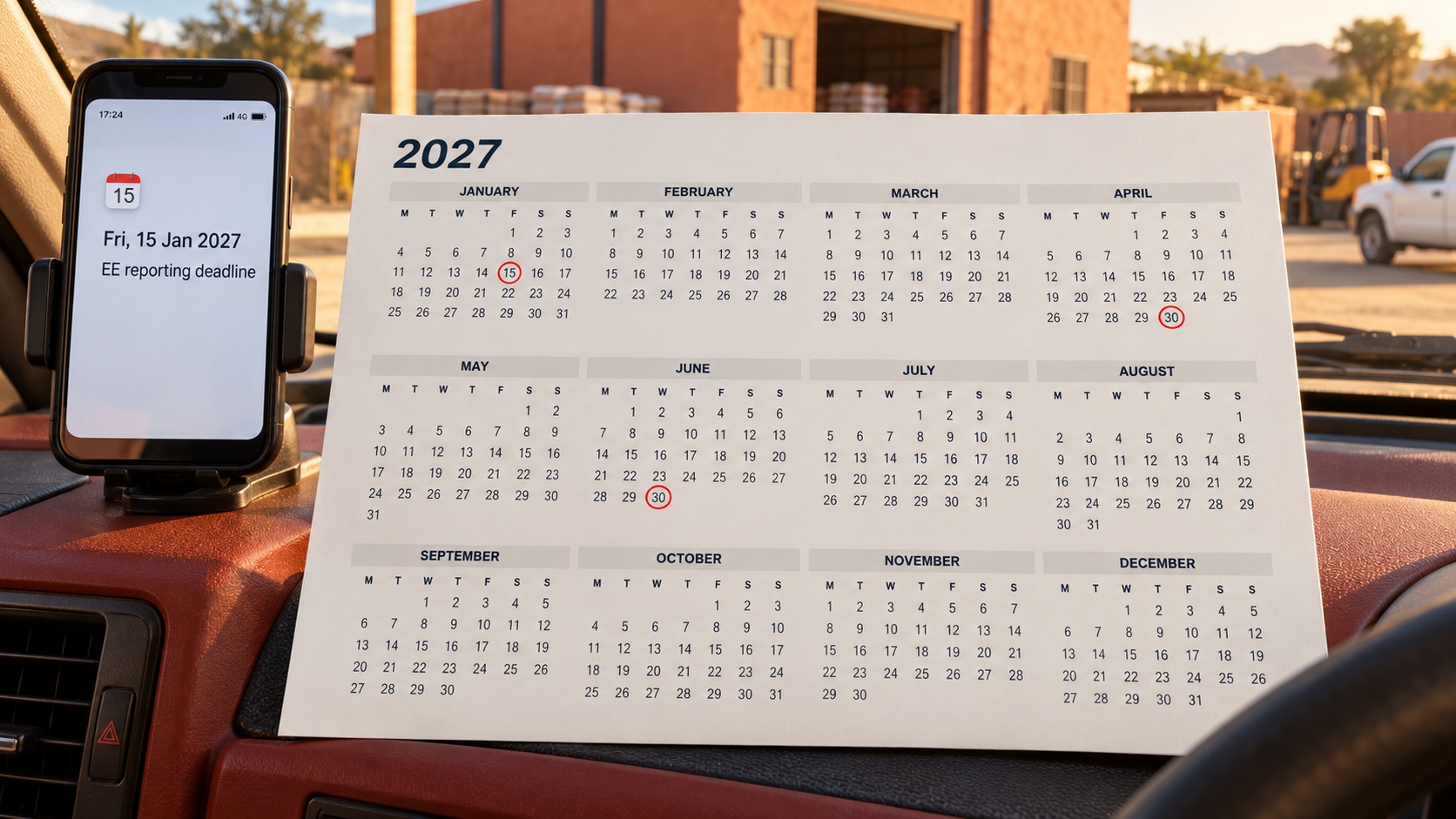HR compliance calendar 2027 South Africa: a printed year planner on an office wall with statutory deadlines marked
