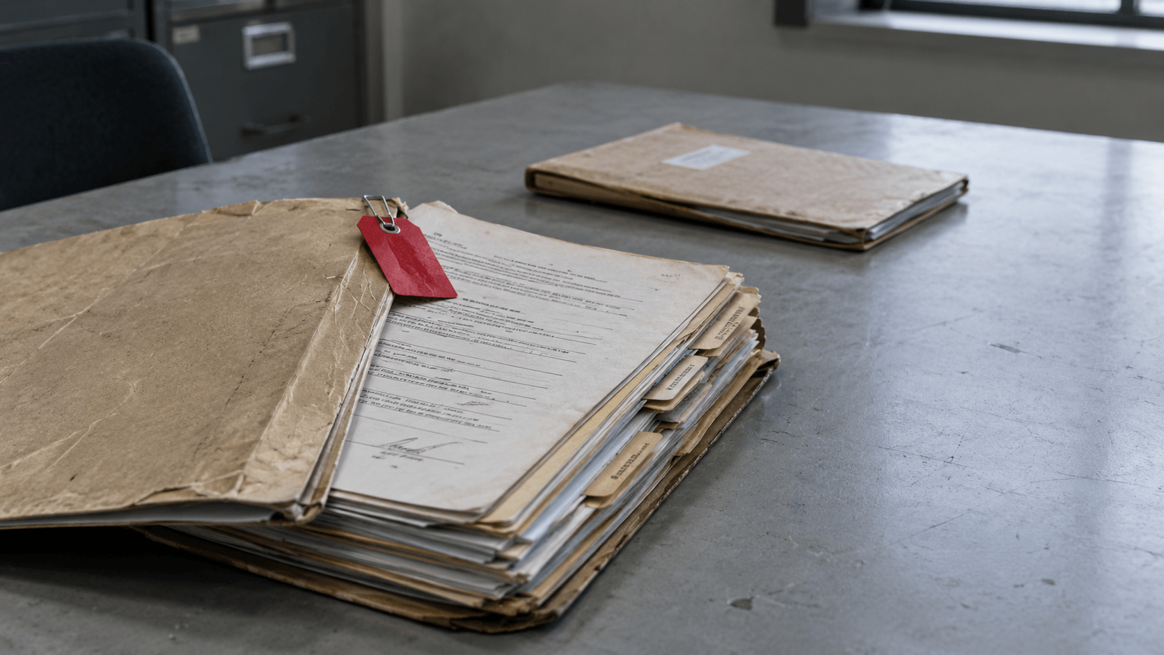 An employee file open on a table in a South African dispute-resolution office, a red case tag on the top edge and a thinner closed file behind it