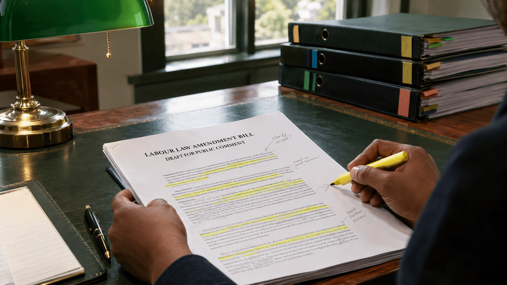 Labour Law Amendment Bill 2026 South Africa: hands annotating a printed draft Bill in a government office