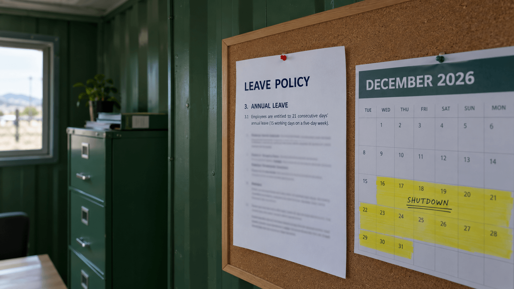 Leave policy template South Africa: a printed BCEA leave policy and December shutdown notice pinned in a site office
