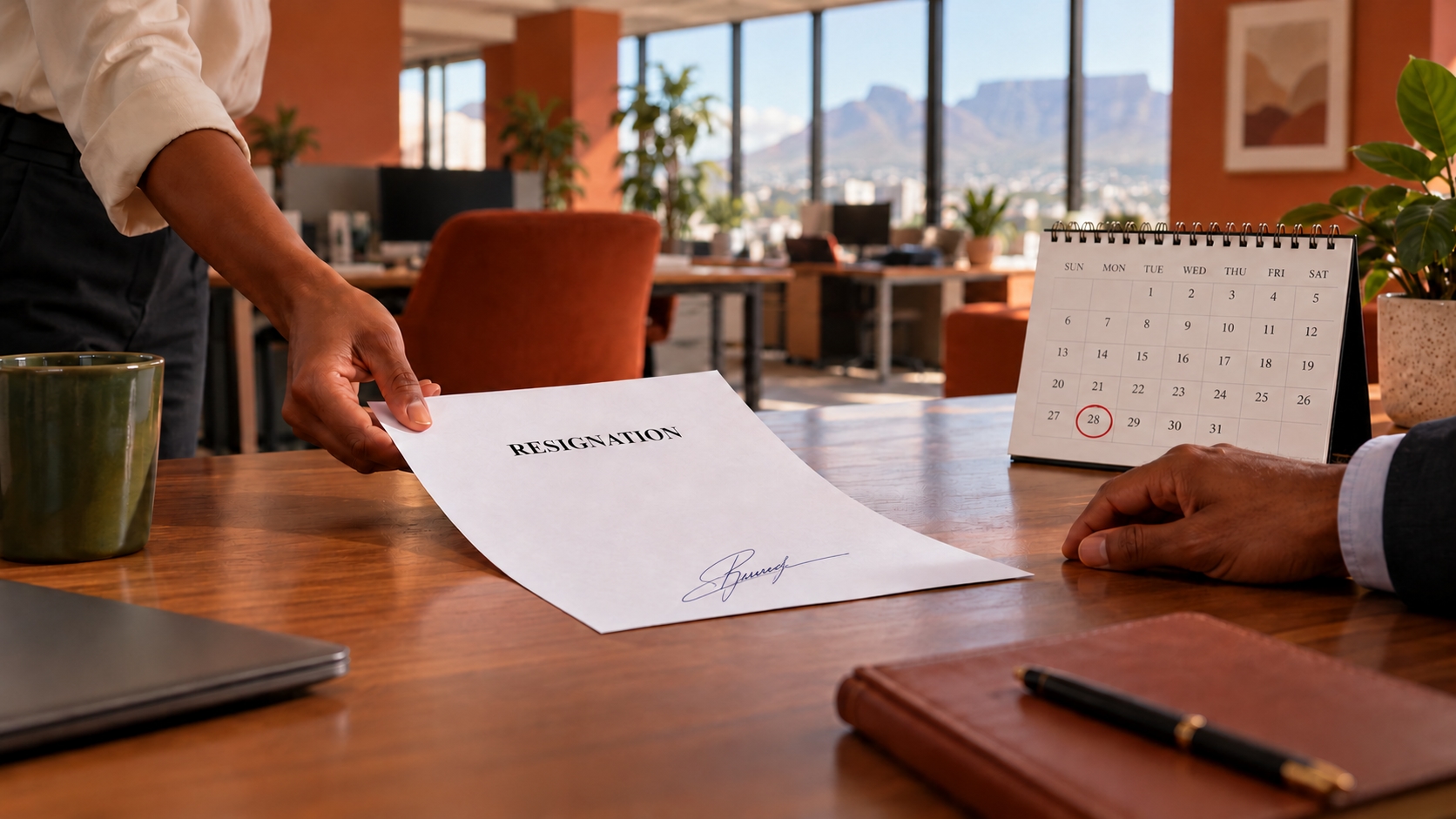 Notice period South Africa: hands sliding a signed resignation letter across an office desk to a manager
