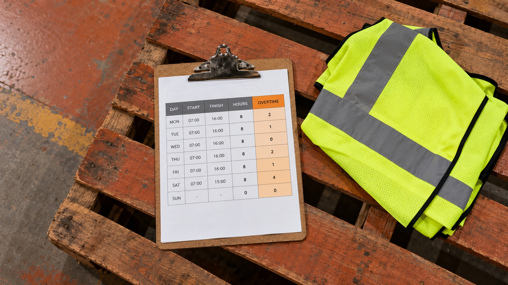 Overtime in South Africa: a warehouse timesheet on a clipboard with the overtime hours column highlighted