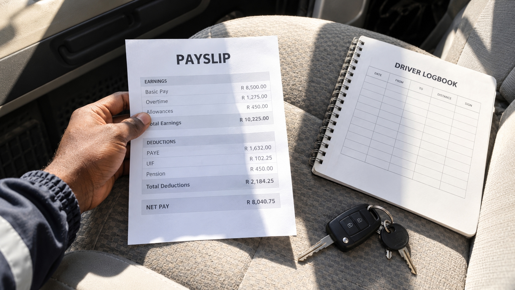 Payslip template South Africa: a printed payslip with the BCEA section 33 fields on a payroll desk beside a calculator