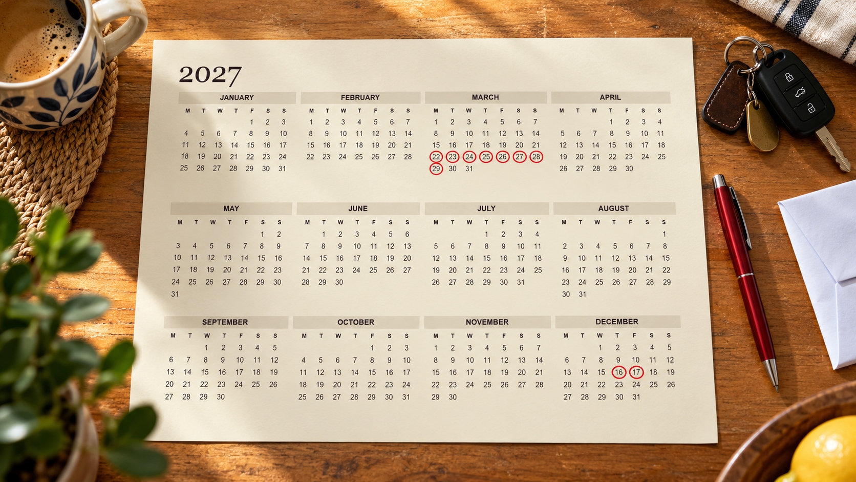 Public holidays South Africa 2027: a printed 2027 calendar on a kitchen table with the Easter and December public holidays circled