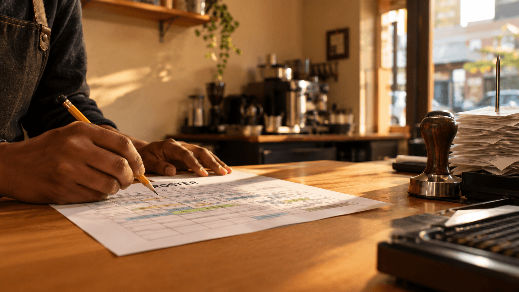 Restaurant labour laws South Africa: a coffee shop manager’s hands marking up the weekly staff roster before service