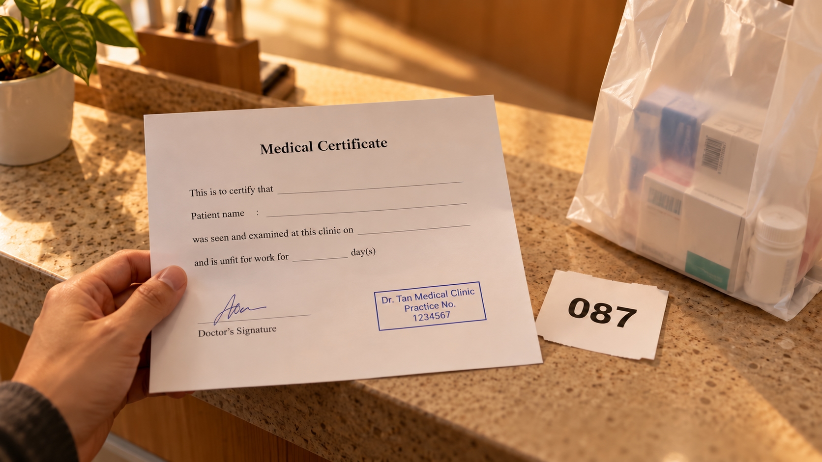 Sick note South Africa: a hand holding a signed medical certificate with the practice number visible, in a clinic