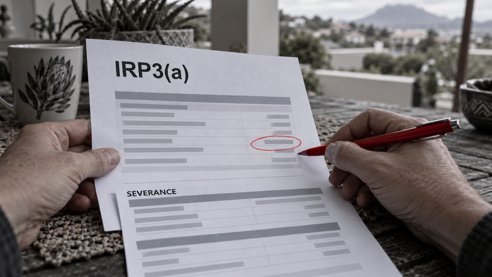 Tax on a retrenchment package South Africa: a final payslip with the severance line separated from leave and notice, on a desk with a SARS tax directive