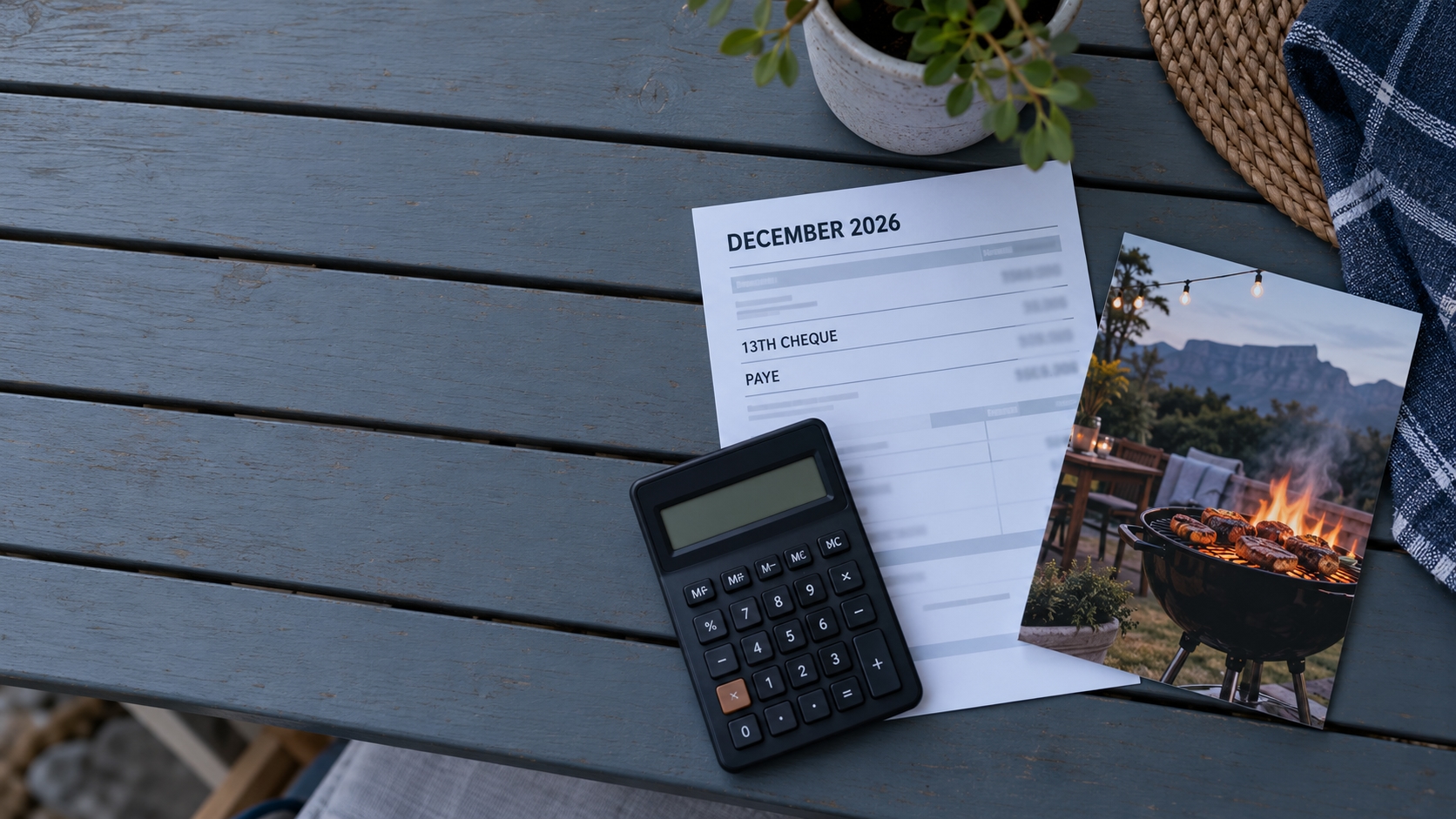 13th cheque South Africa: a December payslip with a 13th cheque line and its PAYE deduction, on a garden table on a stoep