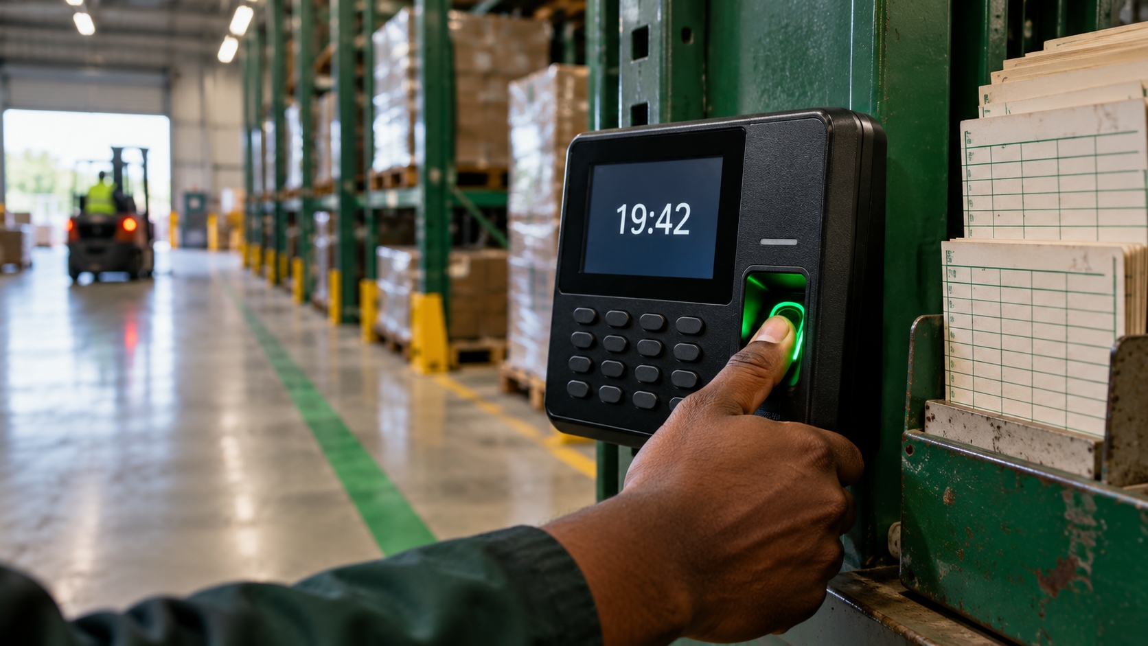 Overtime calculator South Africa: a clock-in terminal and a printed timesheet with overtime hours highlighted on a factory floor