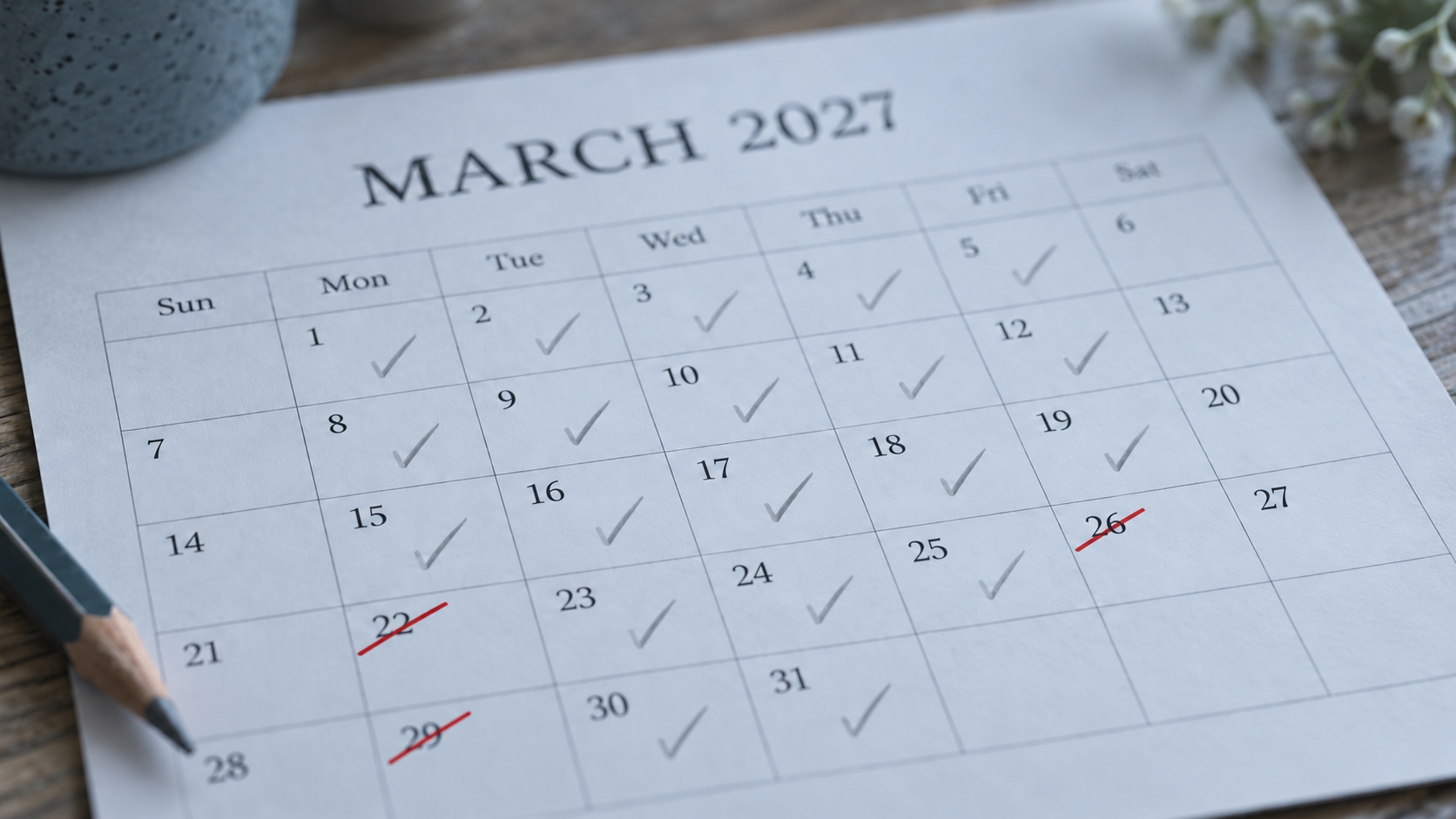 Working days per month South Africa 2027: a printed month grid with weekdays counted and public holidays struck out in red
